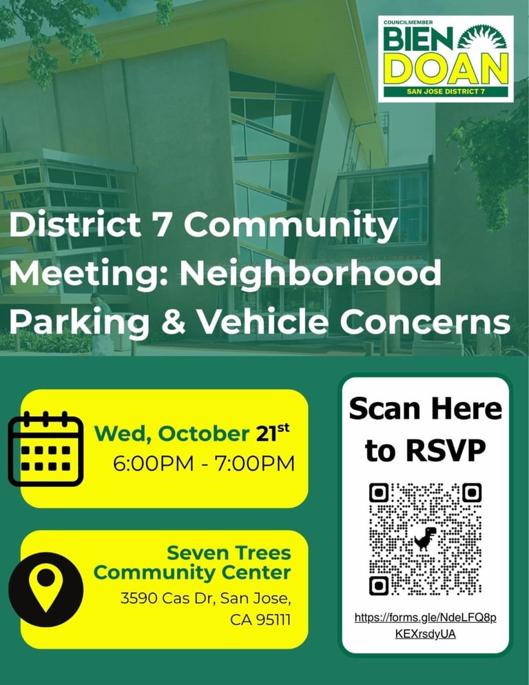 District 7 Community Meeting flyer about neighborhood parking and vehicle concerns on October 21st at Seven Trees Community Center in San Jose, with QR code to RSVP