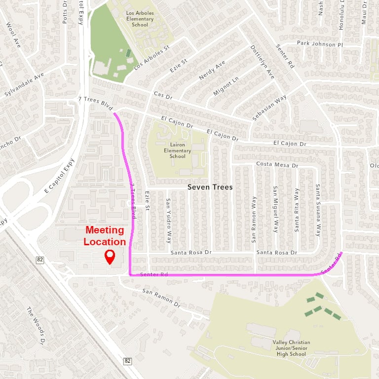 Street map showing meeting location marked with red pin and a highlighted route through Seven Trees neighborhood