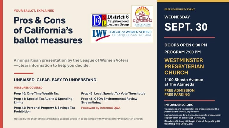 Flyer for League of Women Voters presentation on California ballot measures on Sept 30 at Westminster Presbyterian Church