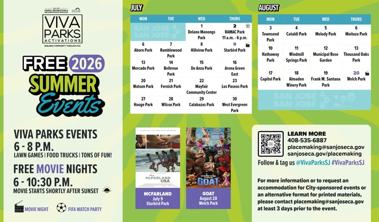 Viva Parks Free 2026 Summer Events calendar and promotional flyer showing July and August activities