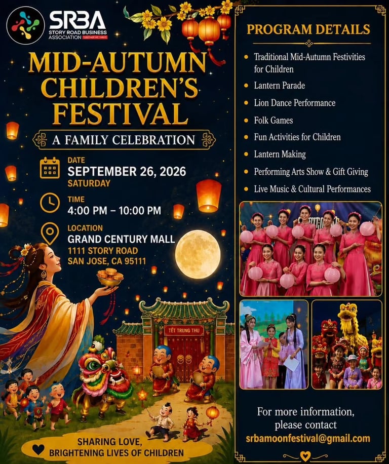 Mid-Autumn Childrens Festival poster for September 26, 2026 at Grand Century Mall featuring traditional festivities, lanterns, lion dance, and cultural performances from 4-10 PM