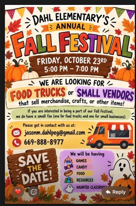 Colorful fall festival flyer for Dahl Elementary School on October 23rd, seeking food trucks and vendors, with contact information and event details