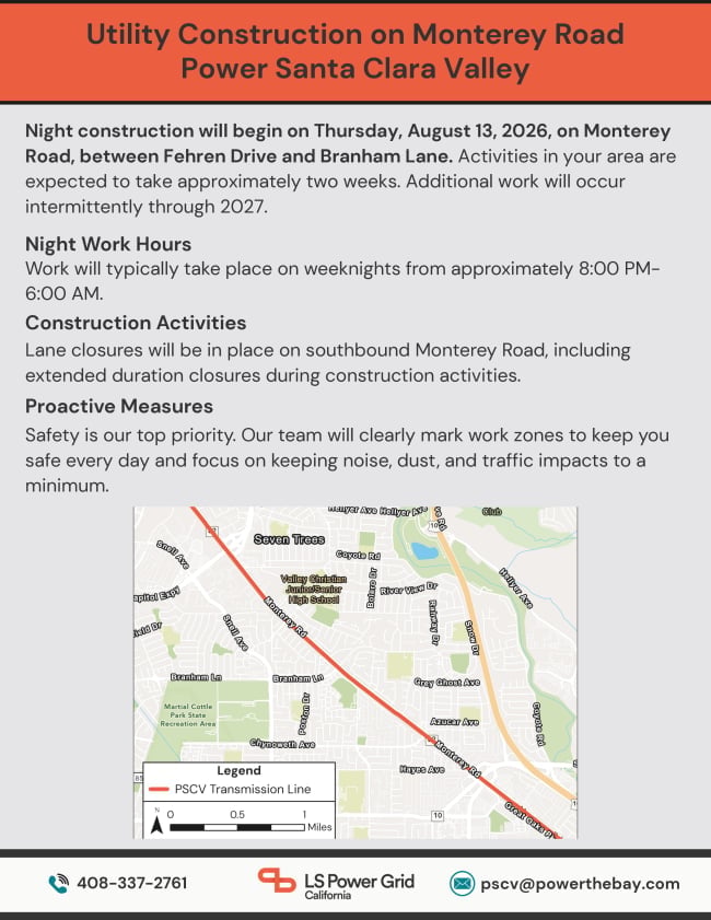 Notification flyer for utility construction on Monterey Road in Santa Clara Valley beginning August 13, 2026, with map showing closure areas and PGCV transmission lines