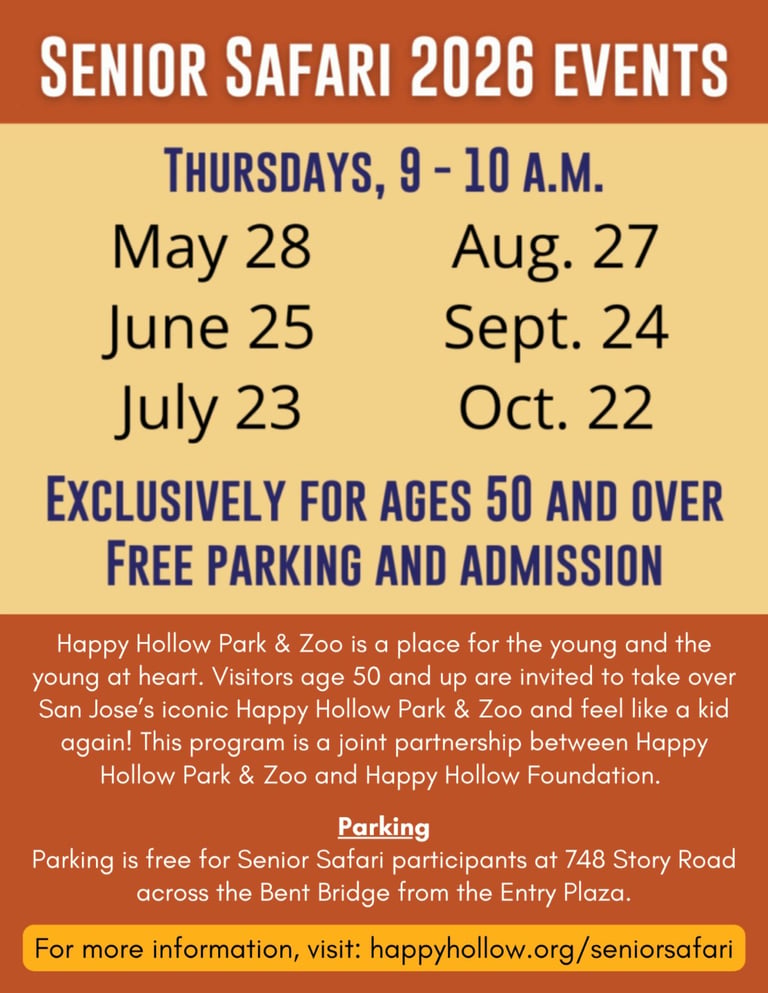 Senior Safari 2026 events flyer listing Thursday sessions from May through October for ages 50 and over with free parking and admission at Happy Hollow Park and Zoo