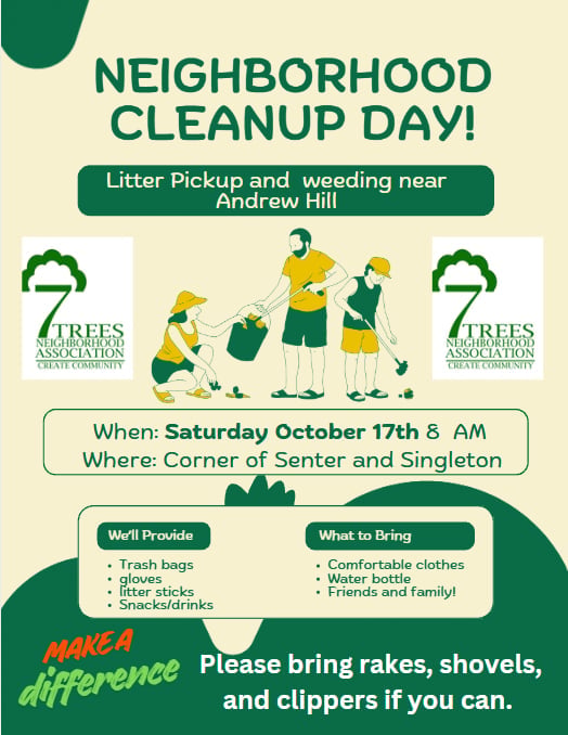 Neighborhood cleanup day flyer for Andrew Hill area on Saturday October 17 at 8 AM, featuring volunteers with cleanup tools and Trees for Tomorrow Association logos