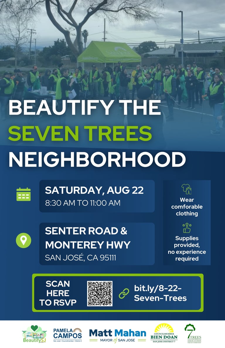 Community volunteering event flyer for beautifying Seven Trees neighborhood on Saturday August 22, with location and RSVP QR code