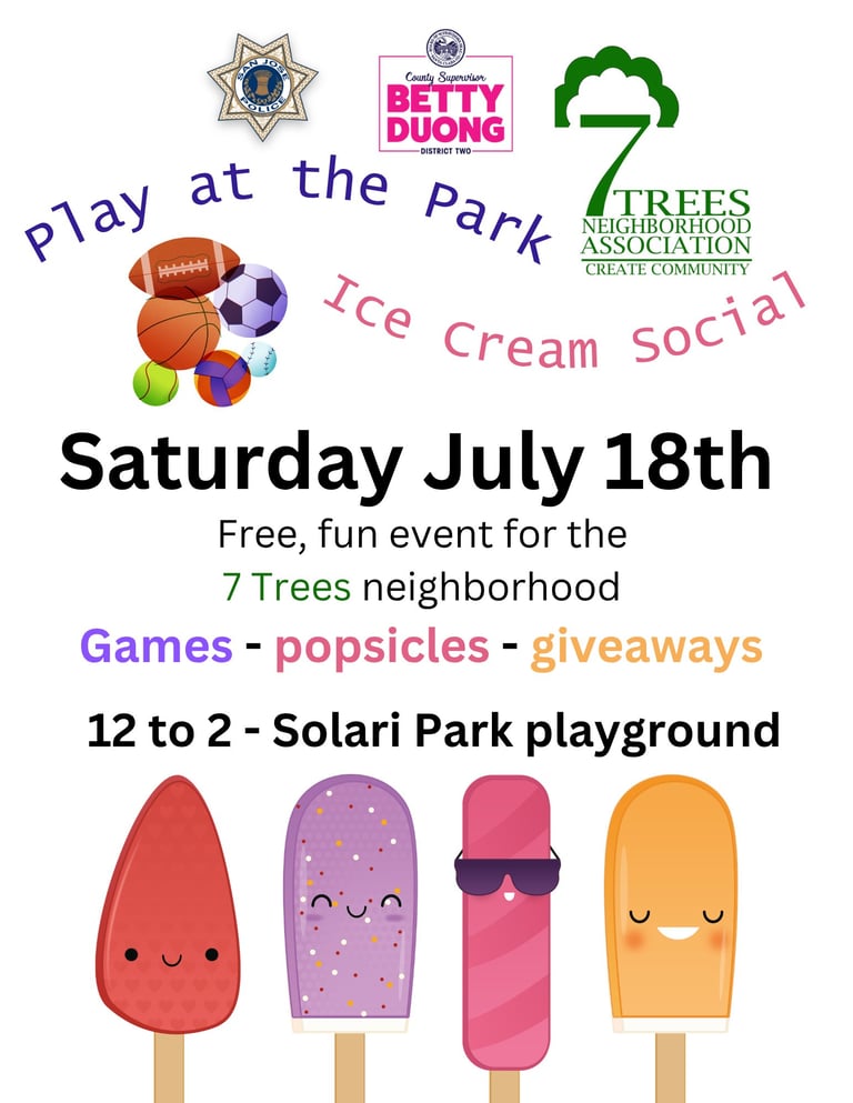 Flyer for Play at the Park Ice Cream Social on Saturday July 18th at Solari Park from 12-2pm, featuring games, popsicles, and giveaways