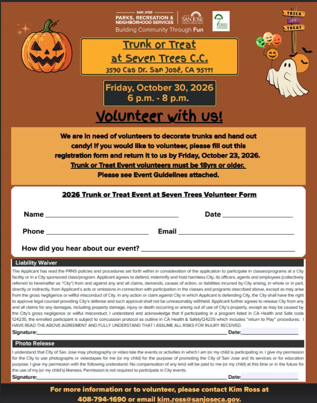 Trunk or Treat volunteer flyer for Seven Trees C.C. on October 30, 2026, with registration form and event guidelines