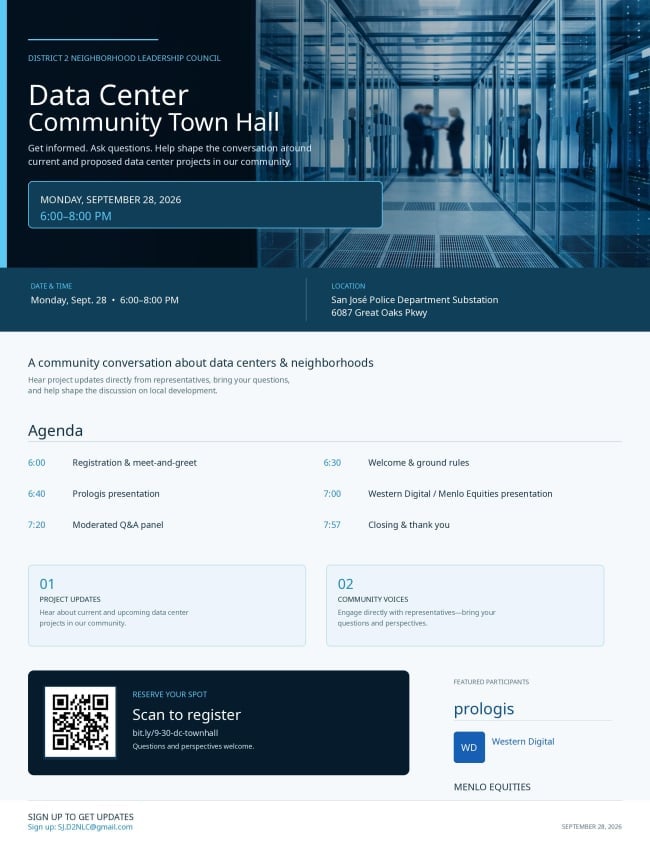 Data Center Community Town Hall event flyer for September 28, 2026, featuring agenda items and registration details at Great Oaks Parkway