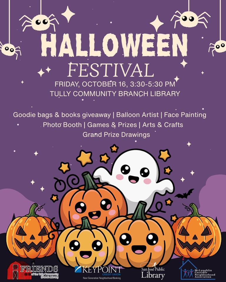 Halloween Festival poster featuring cute cartoon jack-o-lanterns and ghost on purple background with event details and activity descriptions