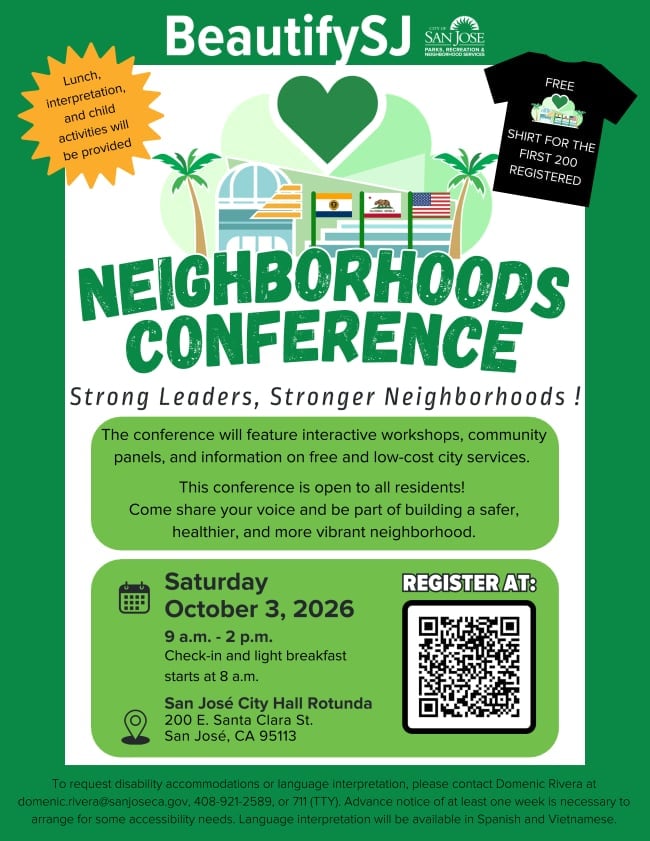 BeautifySJ Neighborhoods Conference poster promoting event on Saturday October 3, 2026 at San Jose City Hall from 9am-2pm