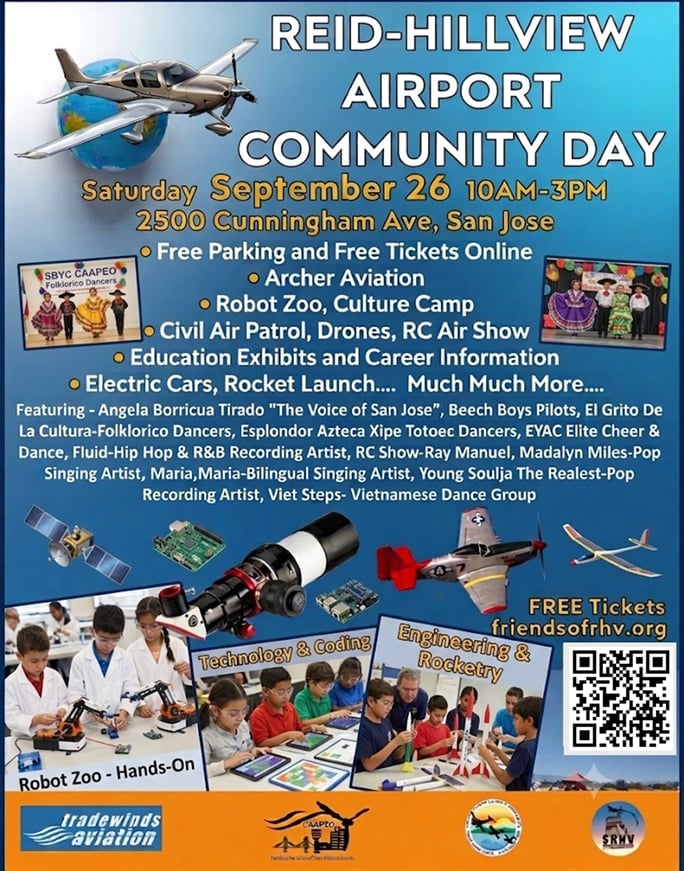 Poster for Reid-Hillview Airport Community Day on September 26, featuring aviation activities, live entertainment, and educational exhibits in San Jose
