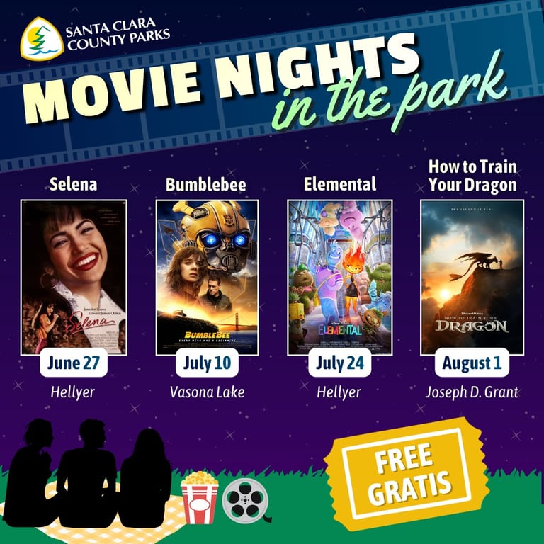 Santa Clara County Parks Movie Nights in the Park promotional poster showing four films: Selena, Bumblebee, Elemental, and How to Train Your Dragon with dates and free admission.